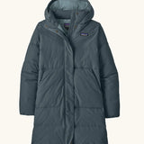 Patagonia women's sisar down insulated parka in summit blue with two large front pockets.