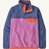 Patagonia women's synchilla jacket. A pale purple and pink fleece type jacket with orange trim details. Features the logo patch stitched on the left chest pocket, popper fasteners and a chest pocket. 