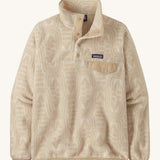 Patagonia women's synchilla jacket. A light cream flowing patterned fleece type jacket. Features the logo patch stitched on the left chest pocket, popper fasteners and a chest pocket. 