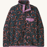 Patagonia women's synchilla jacket. A green, brown and pink patterned fleece type jacket. Features the logo patch stitched on the left chest pocket, popper fasteners and a chest pocket. 