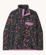 Patagonia women's synchilla jacket. A green, brown and pink patterned fleece type jacket. Features the logo patch stitched on the left chest pocket, popper fasteners and a chest pocket. 