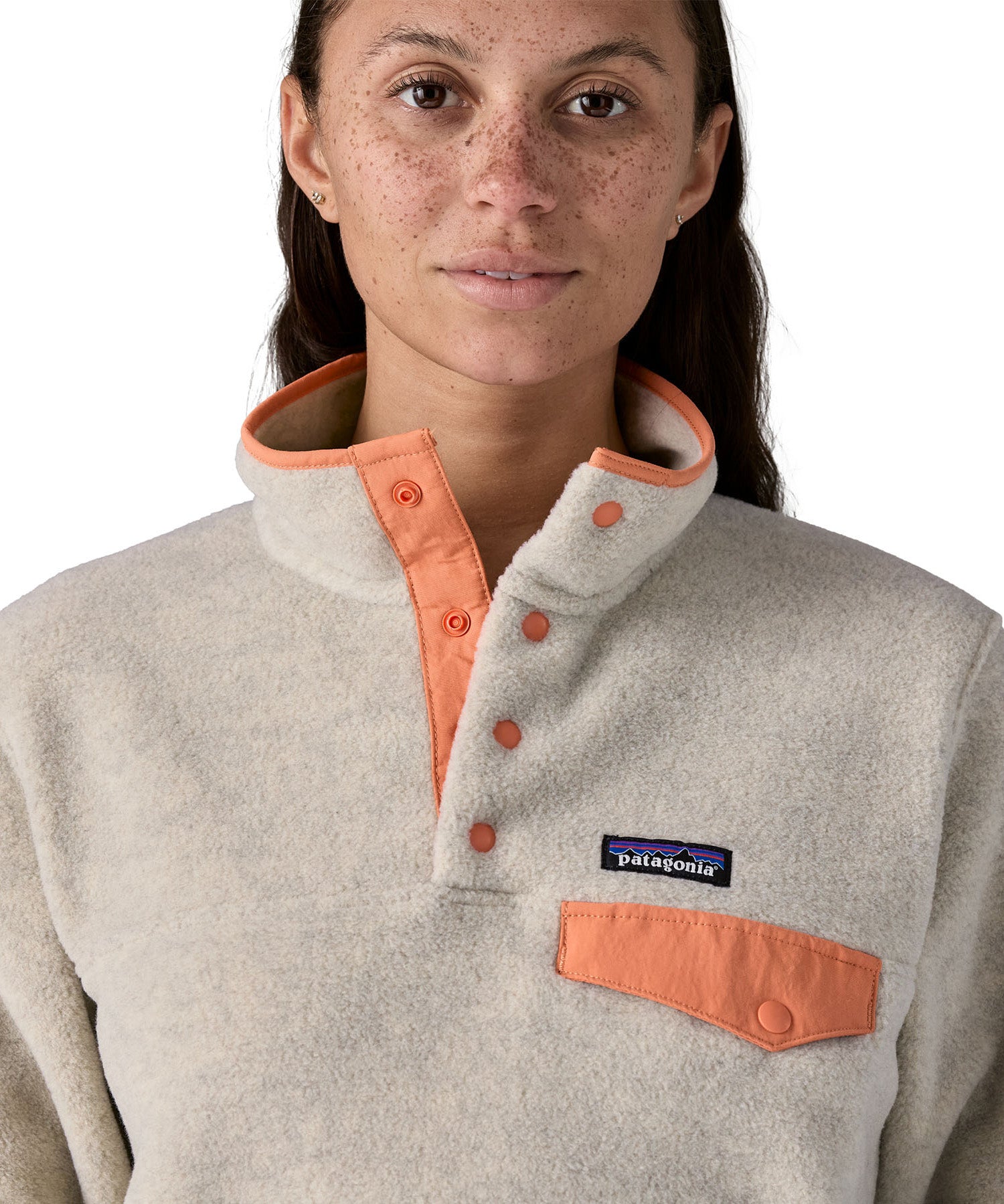 Patagonia women's synchilla fleece front snaps and pocket detail