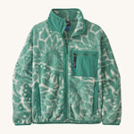 Patagonia women's synchilla fleece made from 100% recycled polyester in pale grey with a foliage pattern in light green. It features a full length zip and patch chest pocket in light green. 