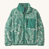 Patagonia women's synchilla fleece made from 100% recycled polyester in pale grey with a foliage pattern in light green. It features a full length zip and patch chest pocket in light green. 