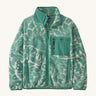 Patagonia women's synchilla fleece made from 100% recycled polyester in pale grey with a foliage pattern in light green. It features a full length zip and patch chest pocket in light green. 