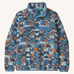 Patagonia women's blue synchilla fleece with a retro design on a cream background.