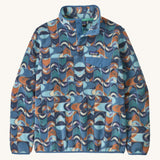 Patagonia women's blue synchilla fleece with a retro design on a cream background.