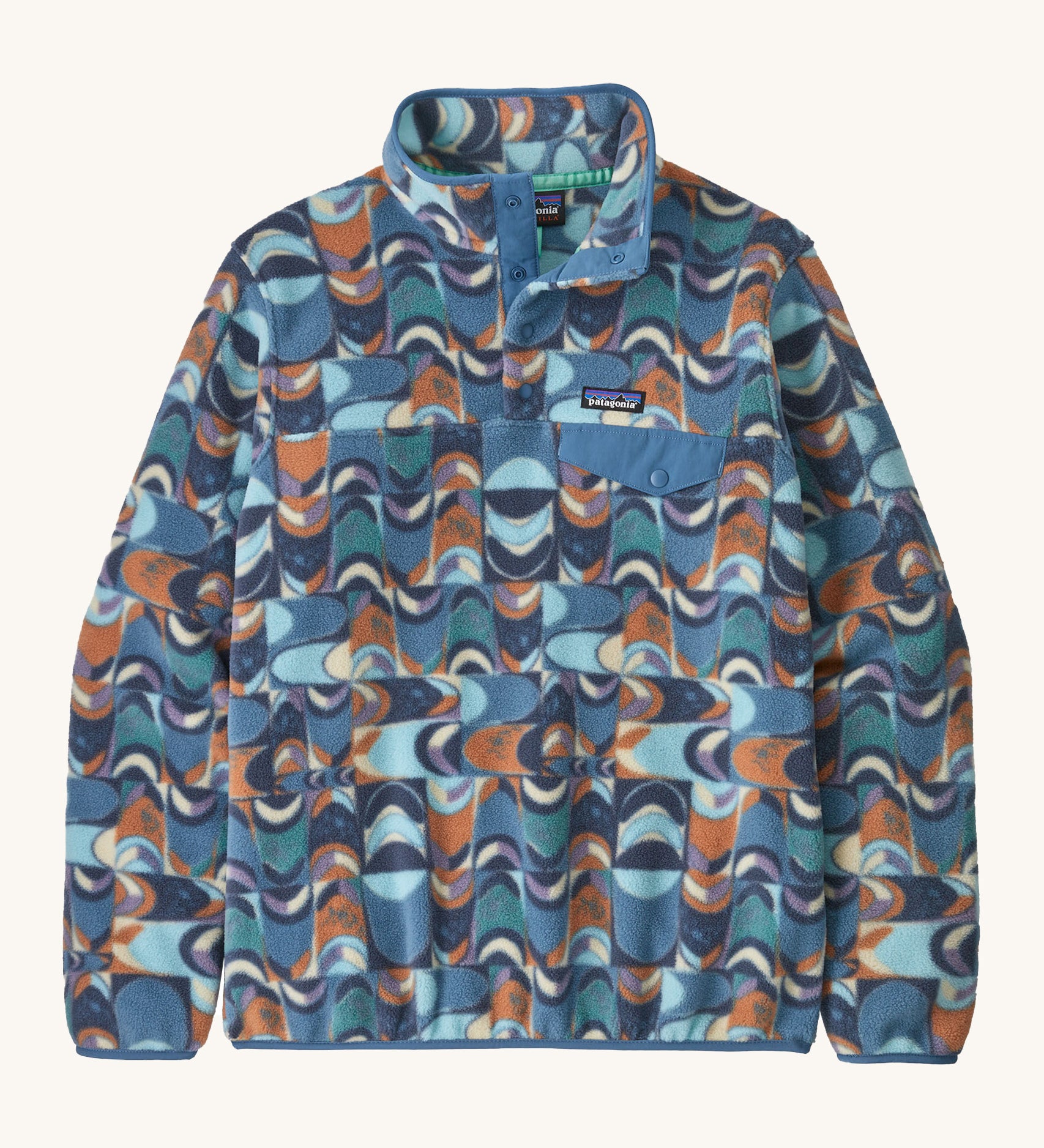 Patagonia women's blue synchilla fleece with a retro design on a cream background.