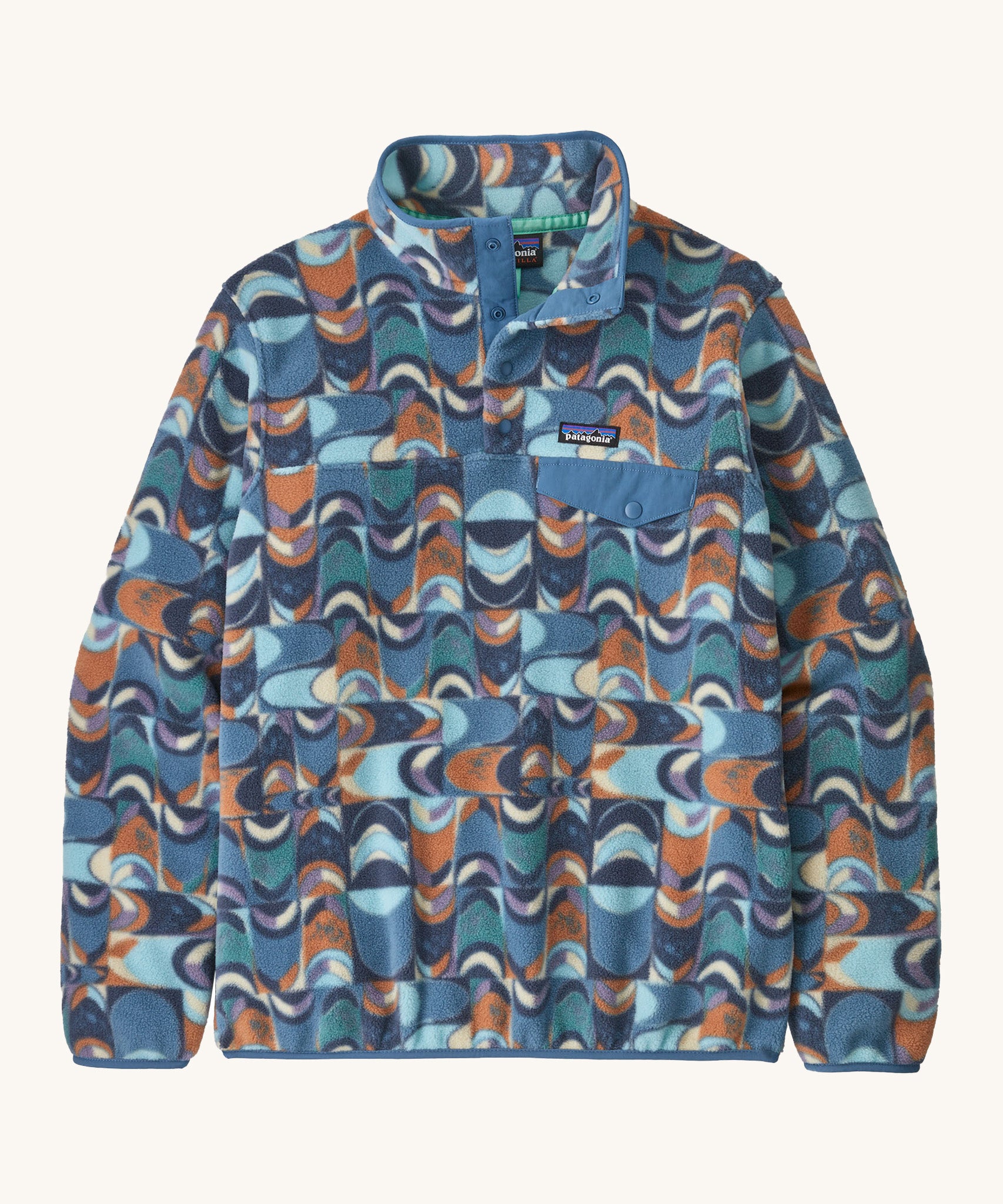 Patagonia women's blue synchilla fleece with a retro design on a cream background.