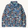 Patagonia women's blue synchilla fleece with a retro design on a cream background.