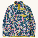 Patagonia women's synchilla fleece in a retro blue design on a cream background.