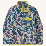 Patagonia women's synchilla fleece in a retro blue design on a cream background.