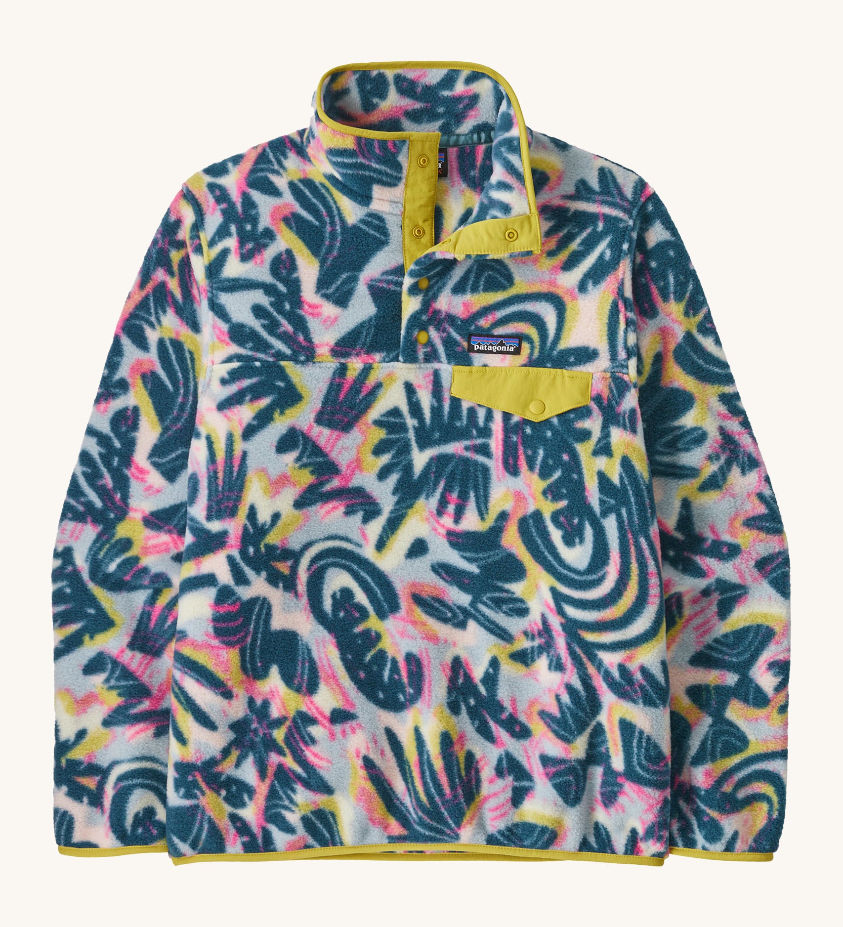 Patagonia women's synchilla fleece in a retro blue design on a cream background.