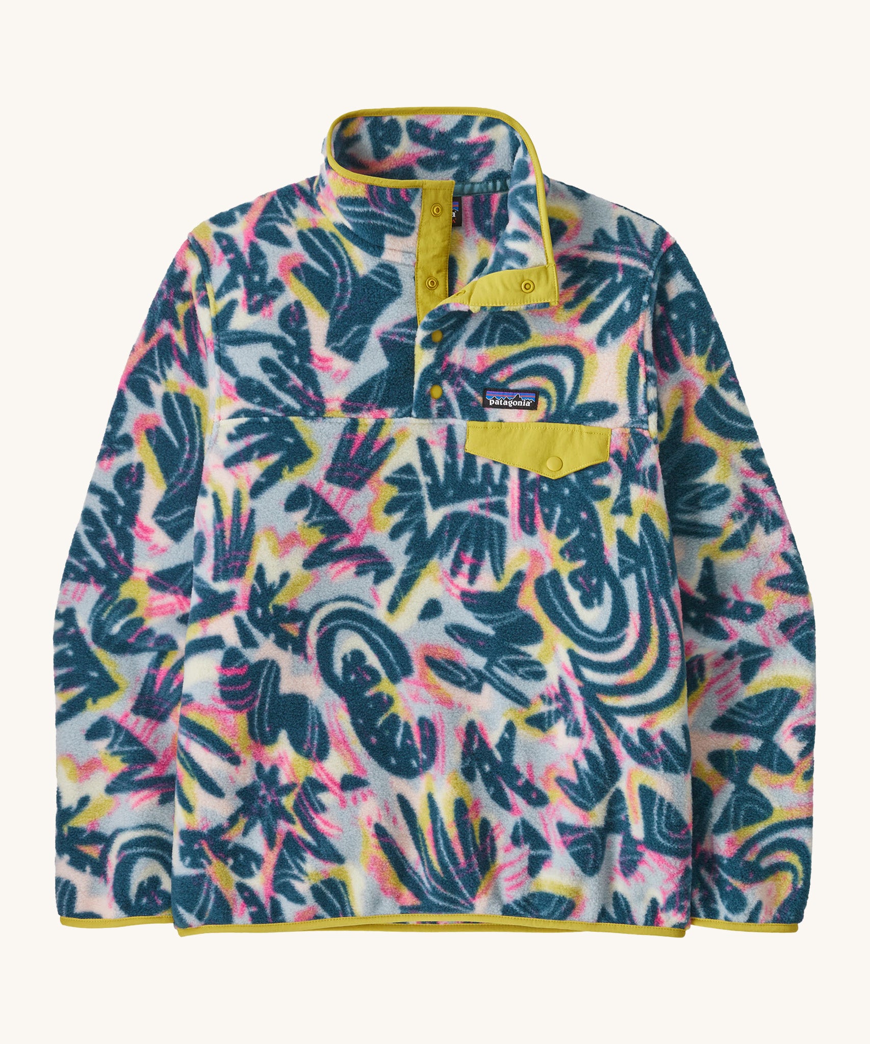 Patagonia women's synchilla fleece in a retro blue design on a cream background.