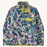 Patagonia women's synchilla fleece in a retro blue design on a cream background.