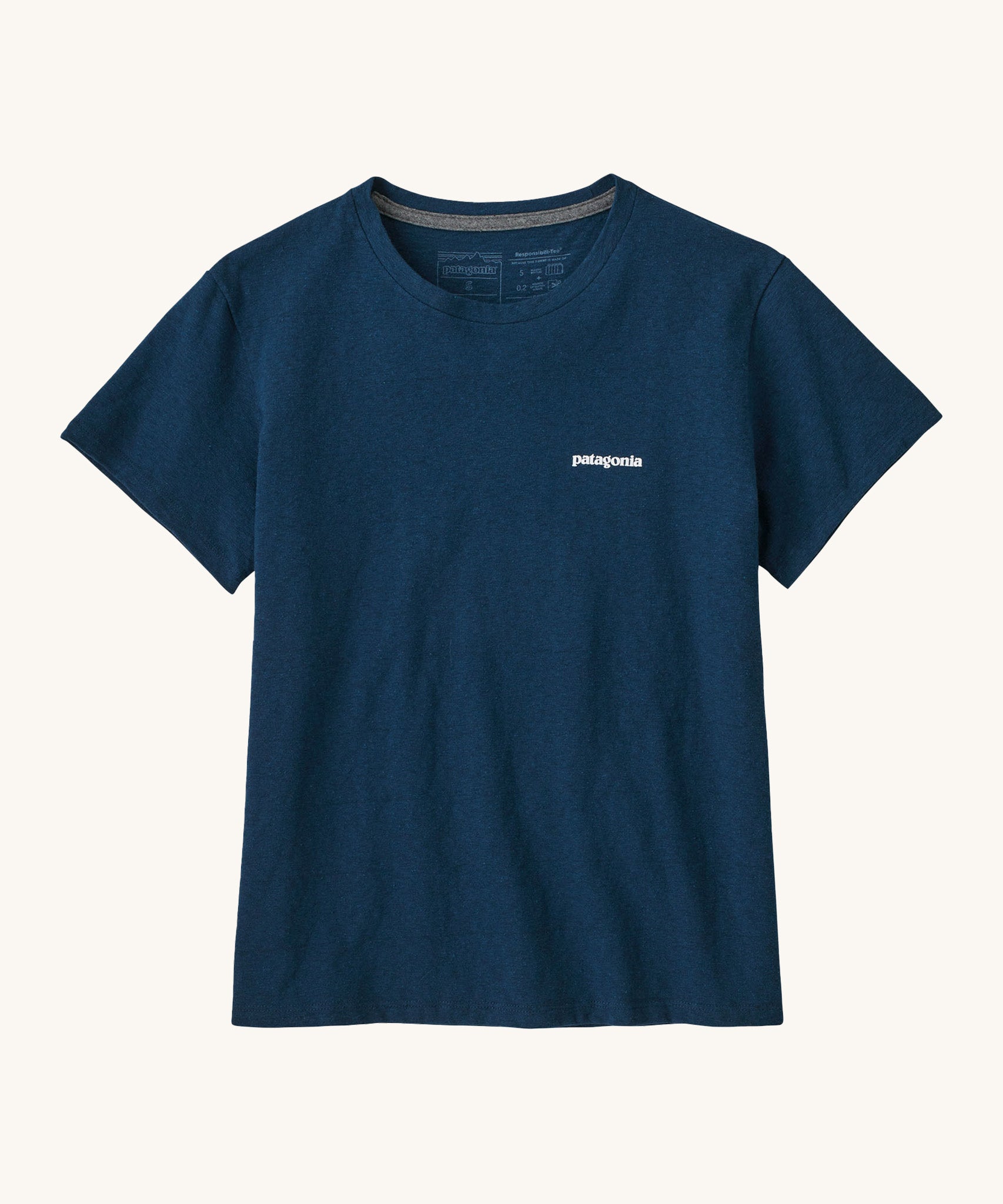 Patagonia women's dark blue short sleeve t-shirt front detail