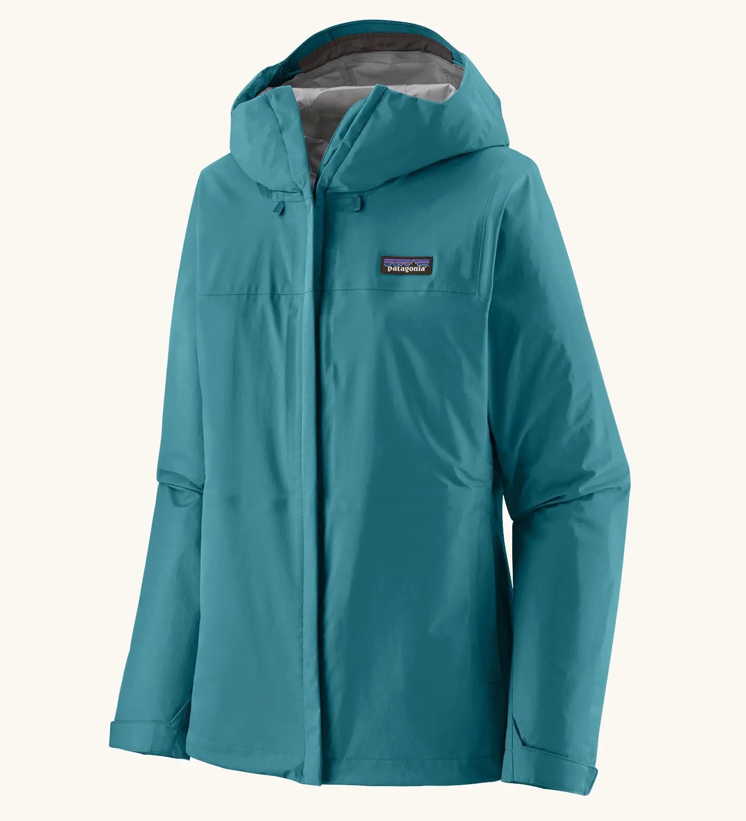 Patagonia women's waterproof torrentshell 3L rain jacket in glacial blue with adjustable hood, zippered handwarmer pockets.