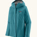 Patagonia women's waterproof torrentshell 3L rain jacket in glacial blue with adjustable hood, zippered handwarmer pockets.