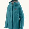 Patagonia women's waterproof torrentshell 3L rain jacket in glacial blue with adjustable hood, zippered handwarmer pockets.