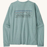 Patagonia women's outline responsibili top. A blue, long sleeve t-shirt showing the big brand logo printed on the front.