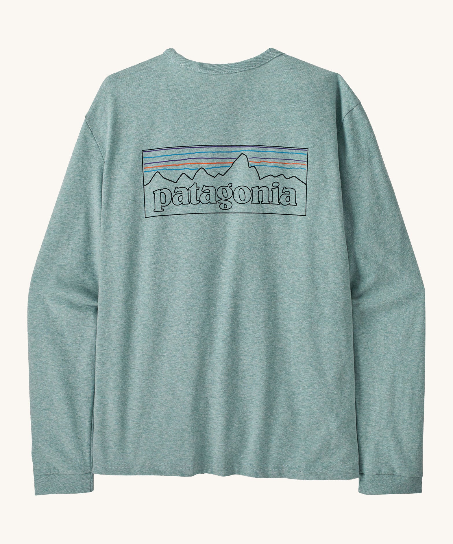 Patagonia women's outline responsibili top. A blue, long sleeve t-shirt showing the big brand logo printed on the front.