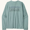 Patagonia women's outline responsibili top. A blue, long sleeve t-shirt showing the big brand logo printed on the front.