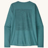 Patagonia women's long sleeve capilene top in turquoise mountain outline design on a cream background.