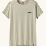 Patagonia women's white quick drying capilene short sleeve t-shirt with small brand text logo on the chest. 