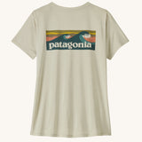 Patagonia women's warm off white capilene short sleeved t-shirt with boardshort logo across the back. 