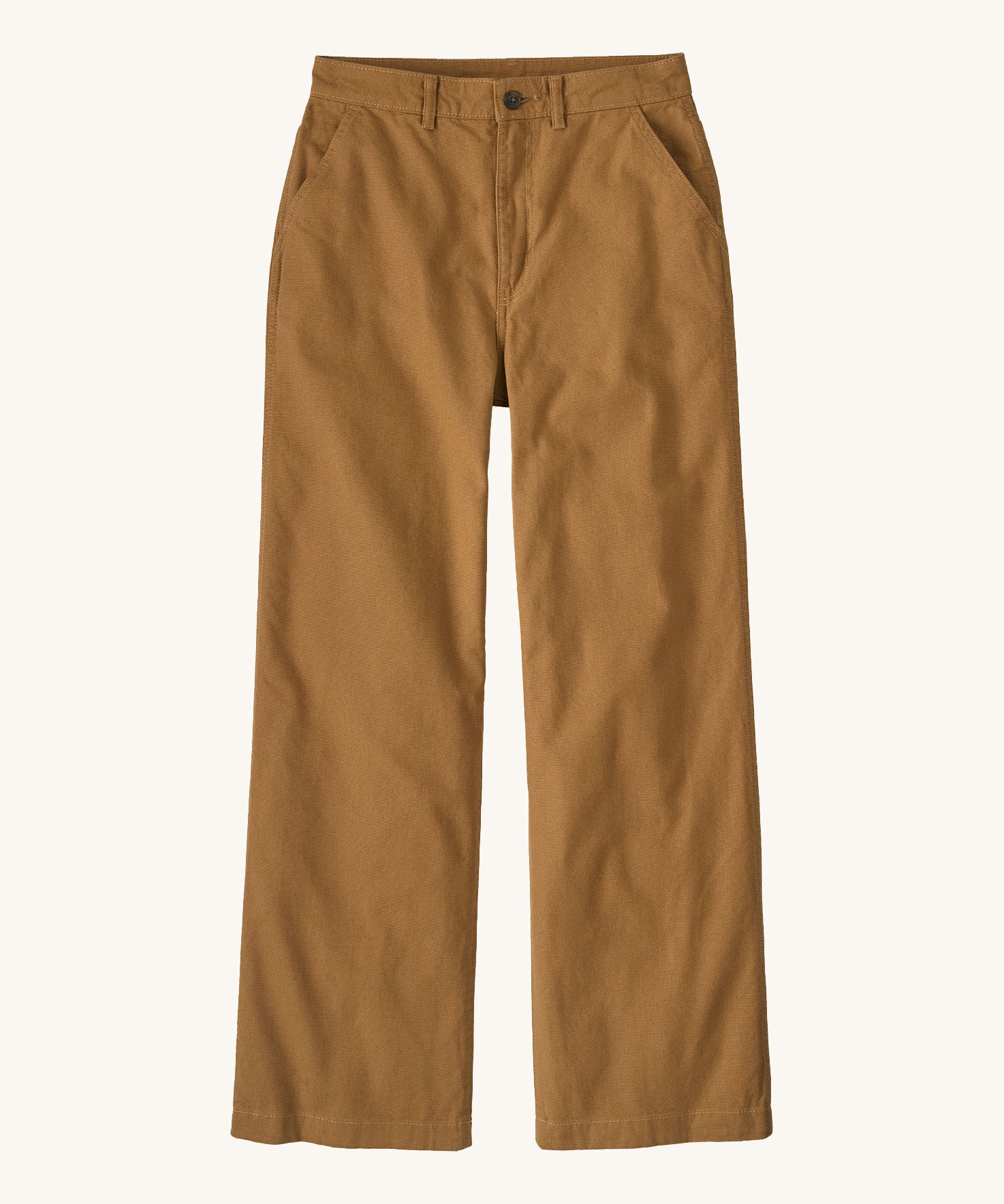 Patagonia women's trousers. A wide leg style canvas trousers in nest brown colour, features a button fastener and 2 side pockets. 