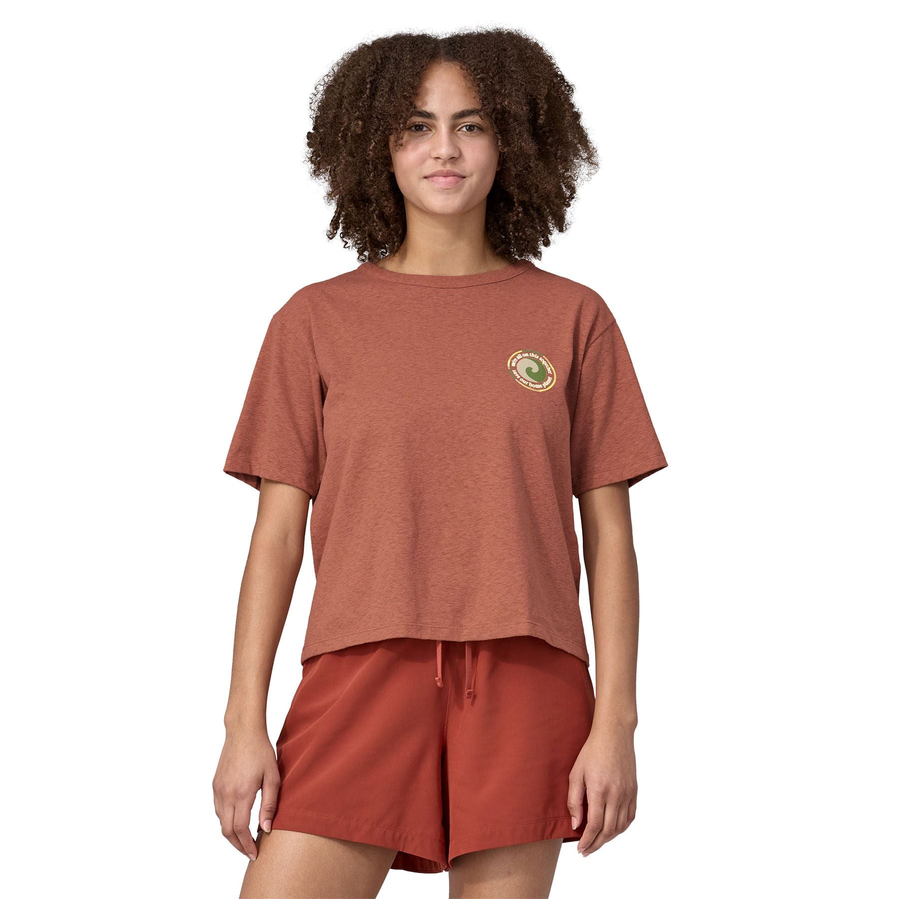 Person wearing Patagonia Women's Unity Fitz Easy Cut Responsibili-Tee - Sienna Clay