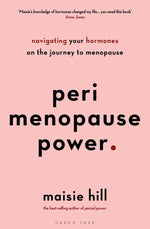 The front cover of the book Perimenopause Power by Maisie Hill, a pink background with red and black writing.