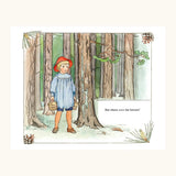 Page from Peter In Blueberry Land by Elsa Beskow children's book showing illustration of a boy in the forest carrying baskets