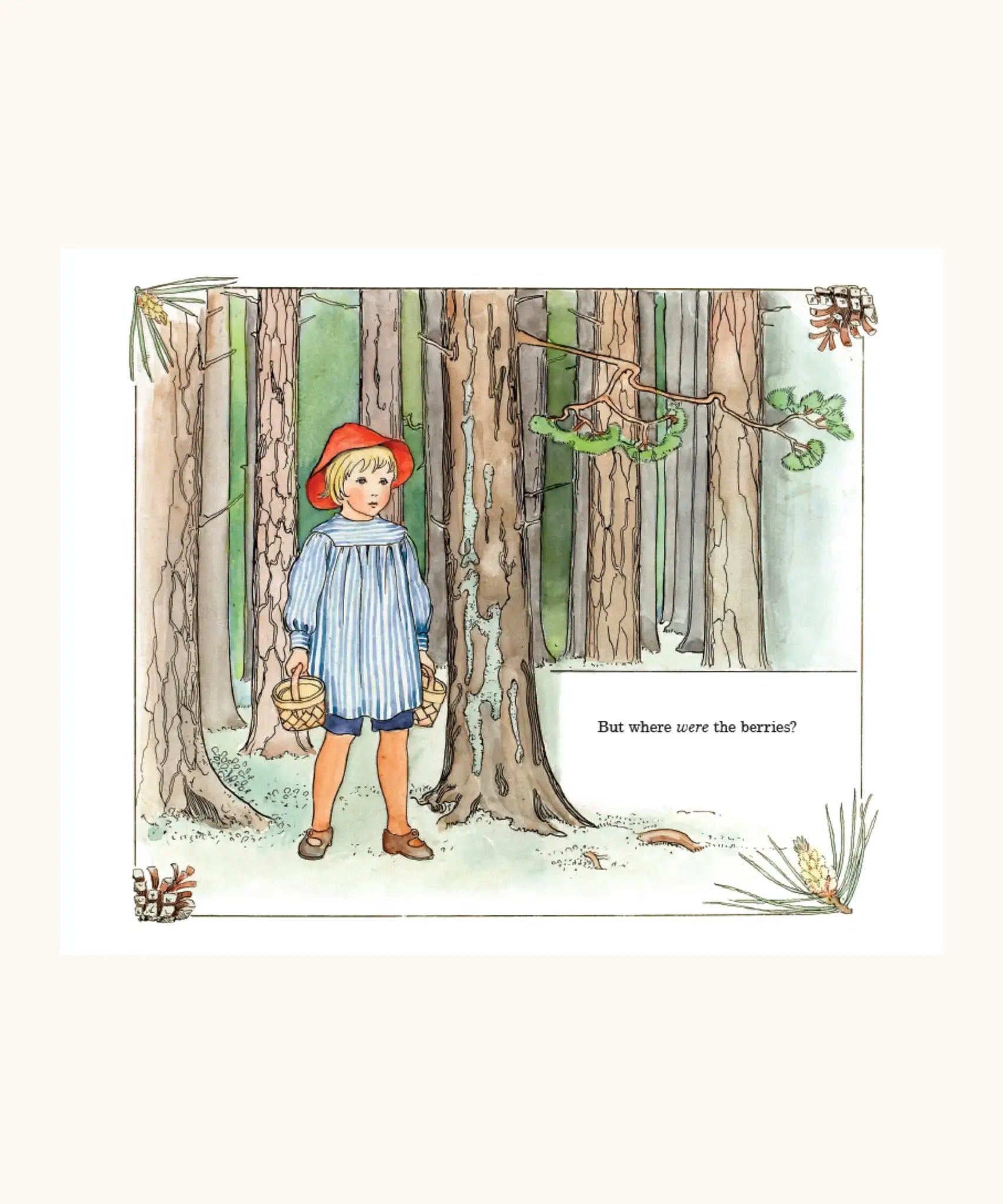 Page from Peter In Blueberry Land by Elsa Beskow children's book showing illustration of a boy in the forest carrying baskets