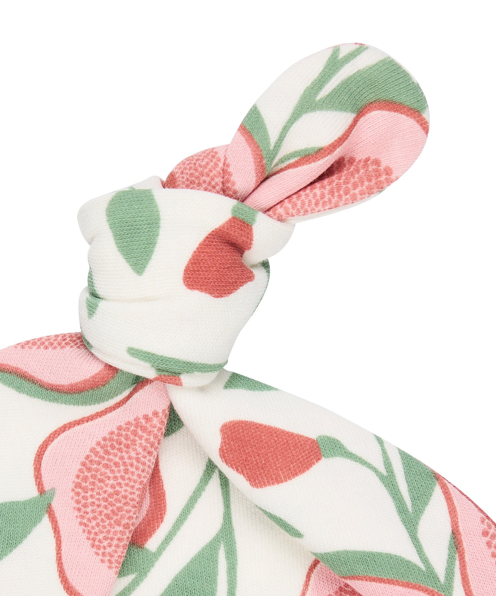 A close up of the Pigeon Organics floral knotted baby hat available at Babipur showing the knot detail