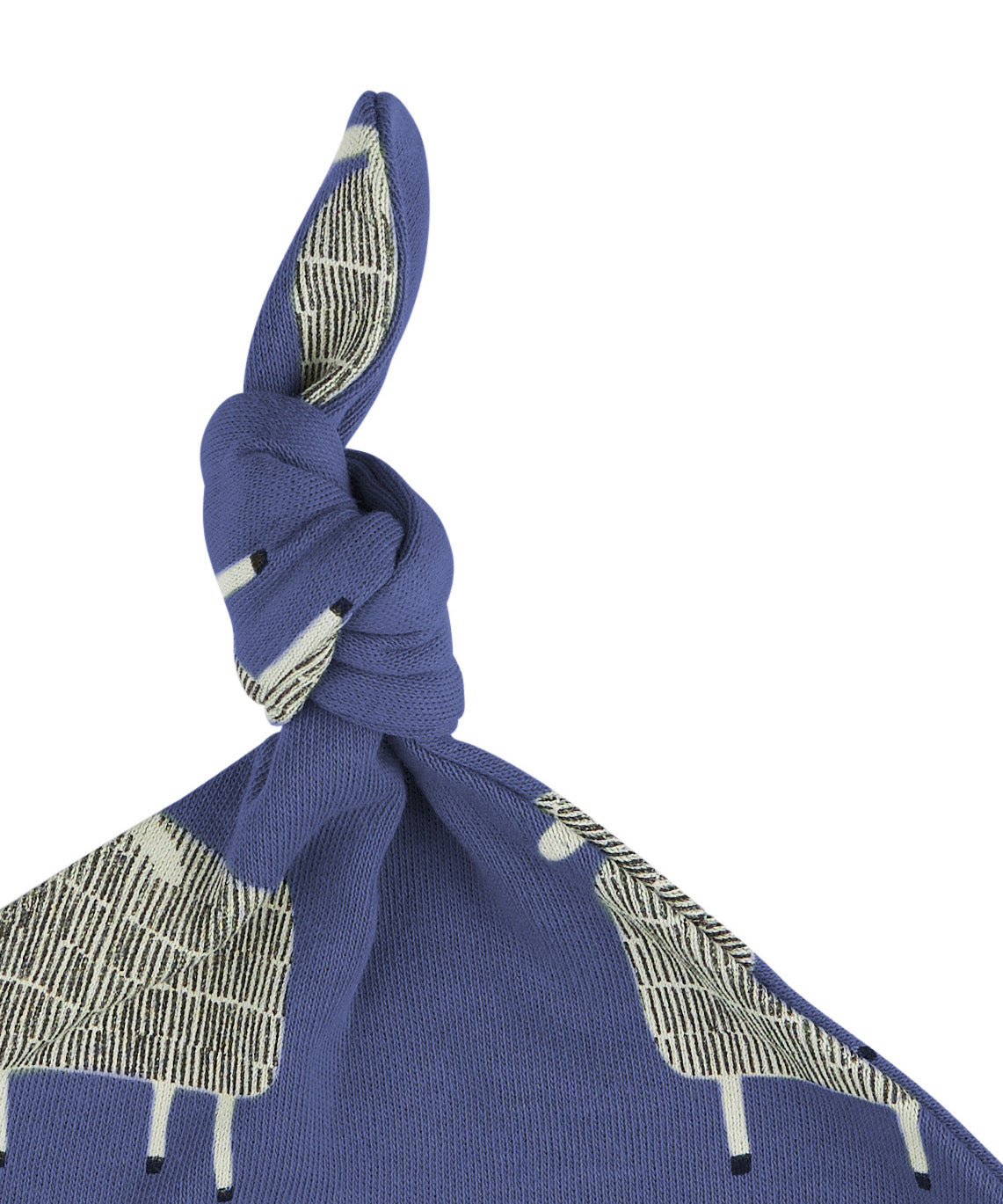 A close up of the Pigeon Organics navy sheep knotted baby hat available at Babipur showing the knot detail