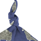 A close up of the Pigeon Organics navy sheep knotted baby hat available at Babipur showing the knot detail