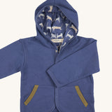 Pigeon Organics baby jacket in velvet blue. 100% GOTS organic cotton hooded jacket with popper fasteners, side pockets and a printed inner hood lining