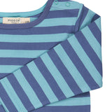 A close up of the blue breton striped Pigeon organics long sleeve top available at Babipur showing the popper fastener detail on the shoulder
