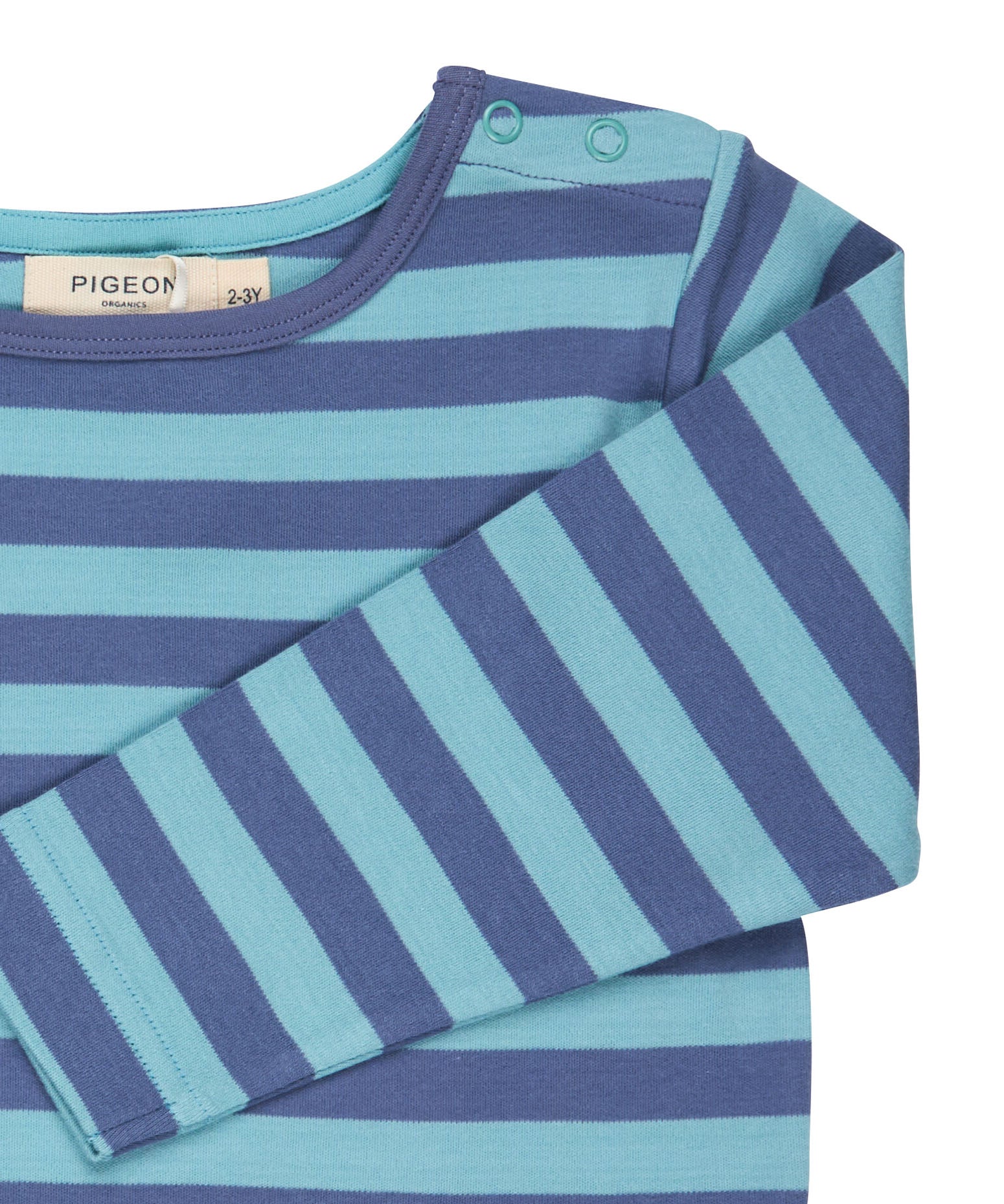 A close up of the blue breton striped Pigeon organics long sleeve top available at Babipur showing the popper fastener detail on the shoulder