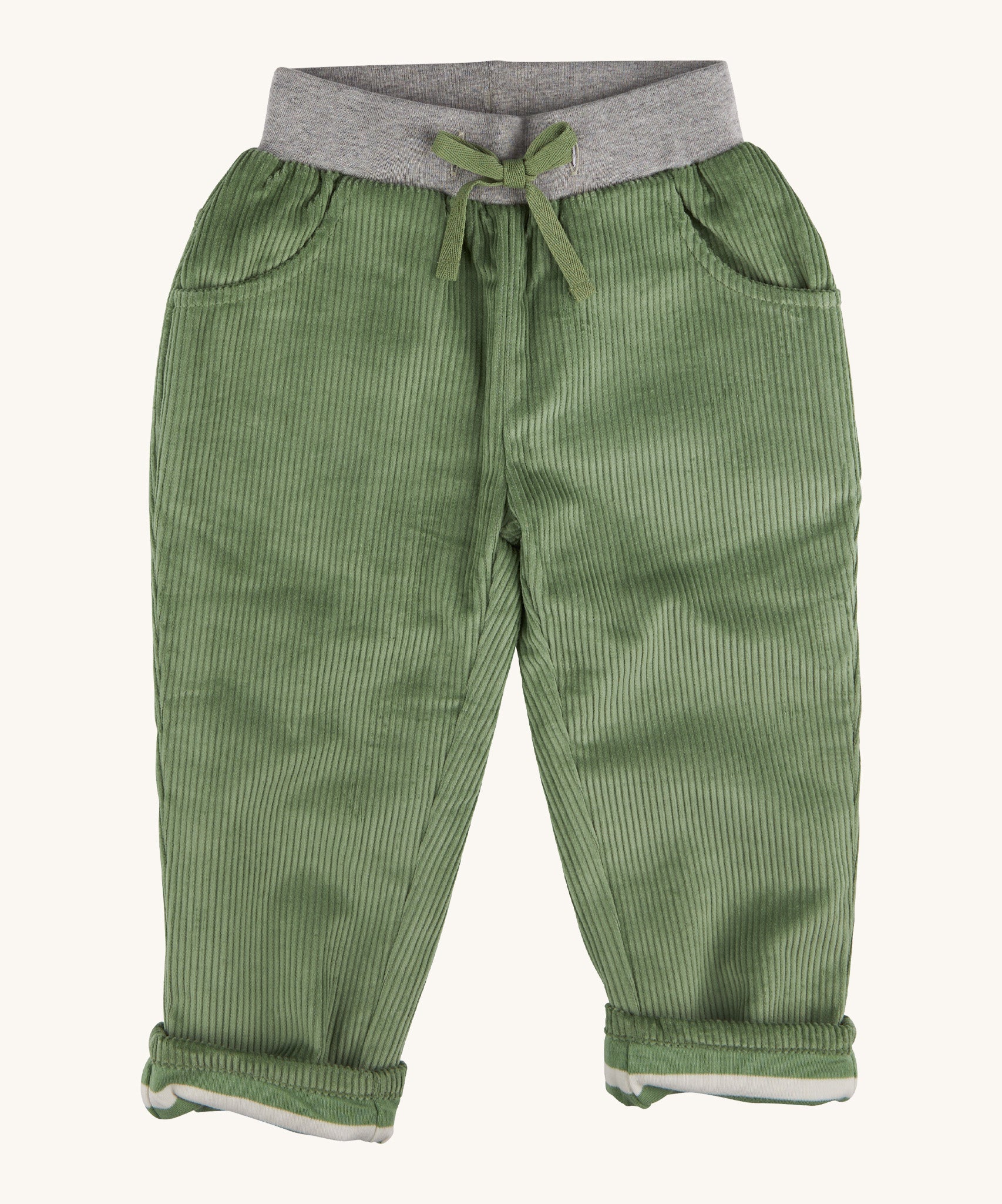 Pigeon Organics linen cord trousers - GOTS green coloured organic cotton trousers in a corduroy style. Features a soft elastic waistband in grey and green drawstring detail at the front.