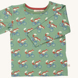 Pigeon Organics Green cycling fox t-shirt - GOTS organic cotton t-shirt with long sleeves. Features multiple prints of a fox riding a blue bike.