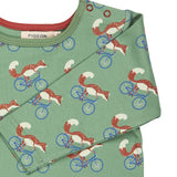 A close up of the green cycling fox striped Pigeon organics long sleeve top available at Babipur showing the popper fastener detail on the shoulder