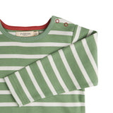 A close up of the green breton striped Pigeon organics long sleeve top available at Babipur showing the popper fastener detail on the shoulder