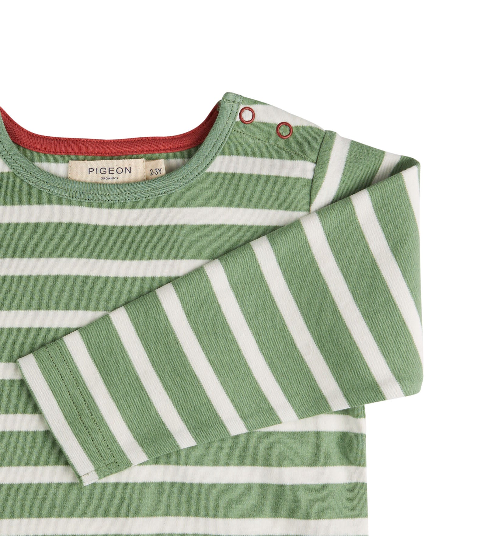A close up of the green breton striped Pigeon organics long sleeve top available at Babipur showing the popper fastener detail on the shoulder