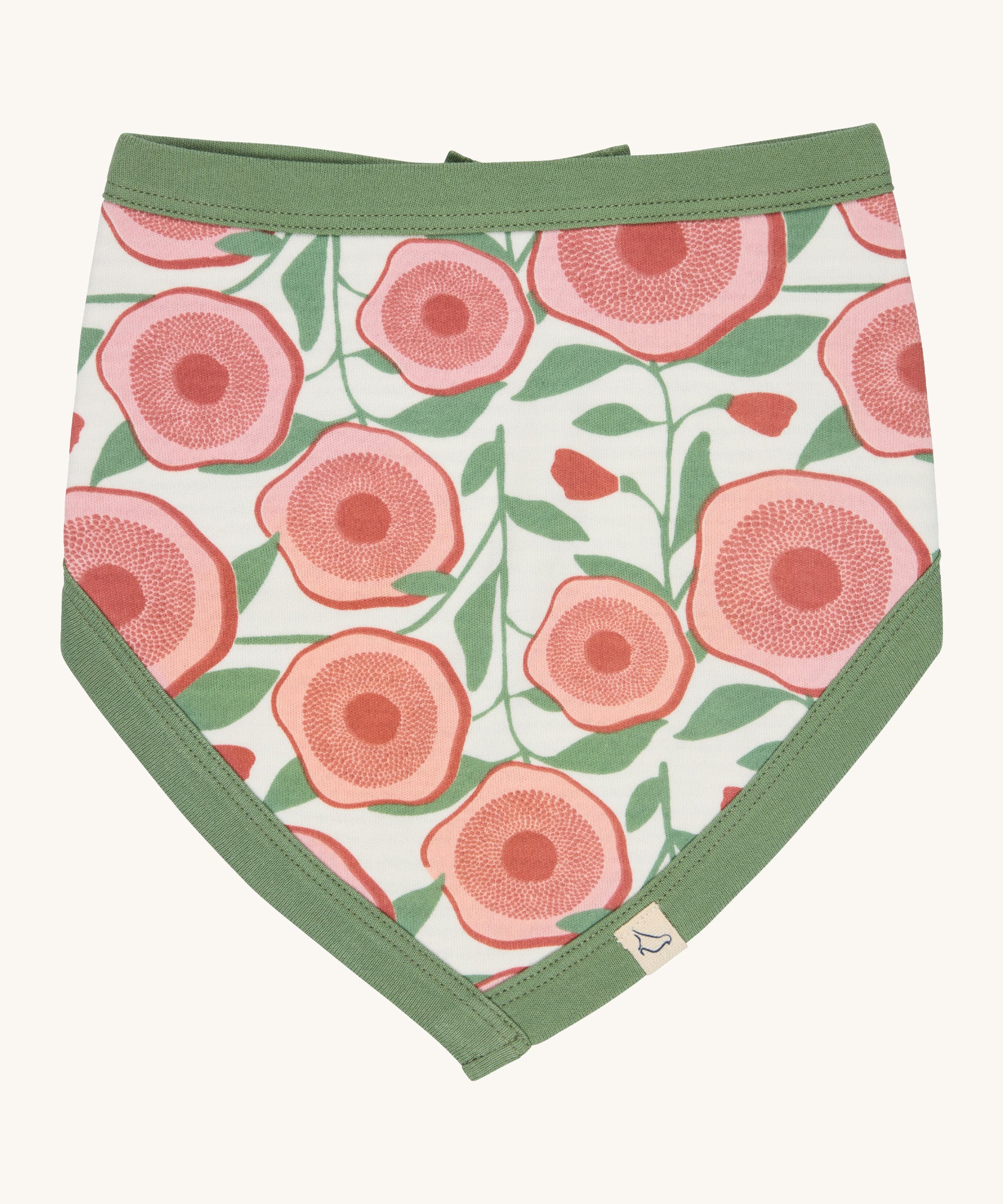 Pigeon Organics bib. 100% GOTS organic cotton bib with a pink floral design  and pale green trim.