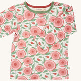 Pigeon Organics large floral t-shirt - GOTS organic cotton t-shirt with long sleeves, shoulder poppers and green neck trim. Features multiple prints of artistic pink flowers and leaves.