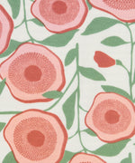 Close up of the Pigeon Organics large floral design printed on neutral coloured organic cotton fabric