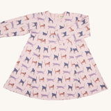 Pigeon Organics pinafore dress - GOTS organic cotton pink long sleeved dress with a popper fastener on the back for easy fitting. Features multiple prints of playful cats in pinks and purples