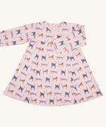 Pigeon Organics pinafore dress - GOTS organic cotton pink long sleeved dress with a popper fastener on the back for easy fitting. Features multiple prints of playful cats in pinks and purples